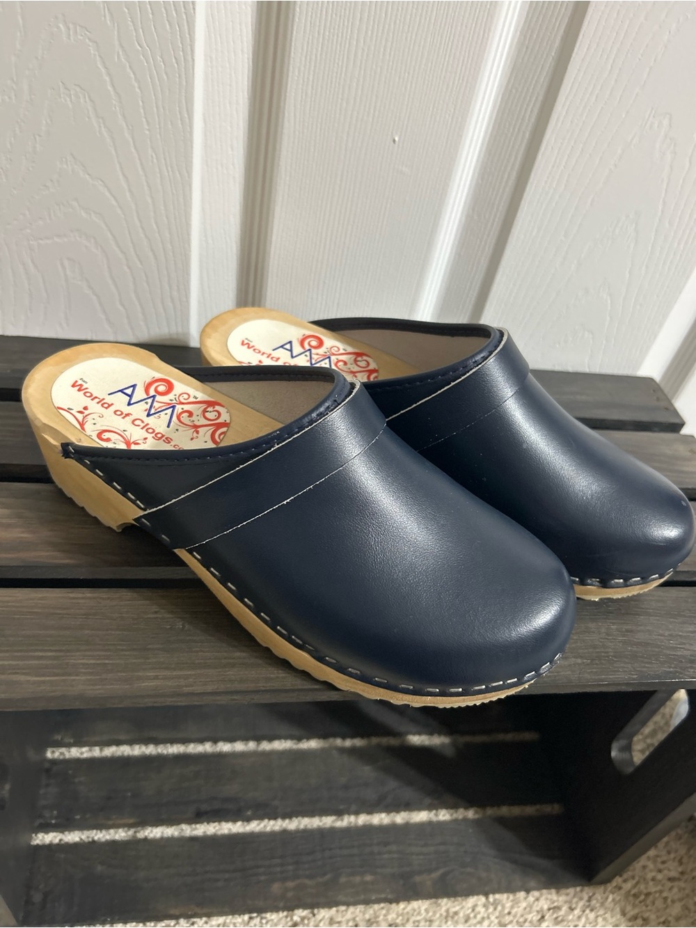 Navy Blue AM Toffein Wood Open Back Clogs Sz 10/10.5